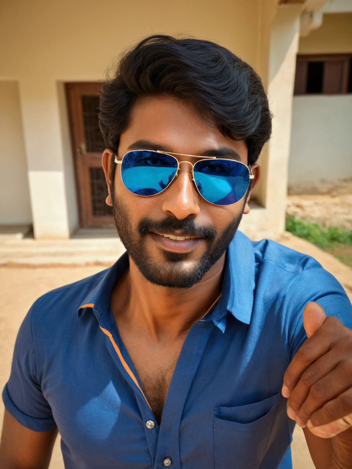 there is a man wearing sunglasses and an blue shirt, with accurate face, with lovely look, without beard, very very low quality picture, 8k selfie photograph, jayison devadas, with sunglass, ayan nag, with kind face, jayison devadas style, portait photo profile picture, candid picture, with a beautifull smile, without helmet