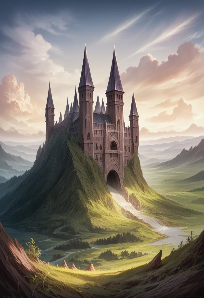 A stunning fantasy landscape, lush verdant rolling hills, towering mountains shrouded in mist, a serene lake reflecting the sky, old-growth forests, a magnificent castle on a hilltop, sunlight streaming through clouds, detailed foliage, intricate architecture, (best quality,8k,highres,masterpiece:1.2),ultra-detailed,(realistic,photorealistic,photo-realistic:1.37),fantasy landscape,dramatic lighting,vibrant colors,cinematic composition