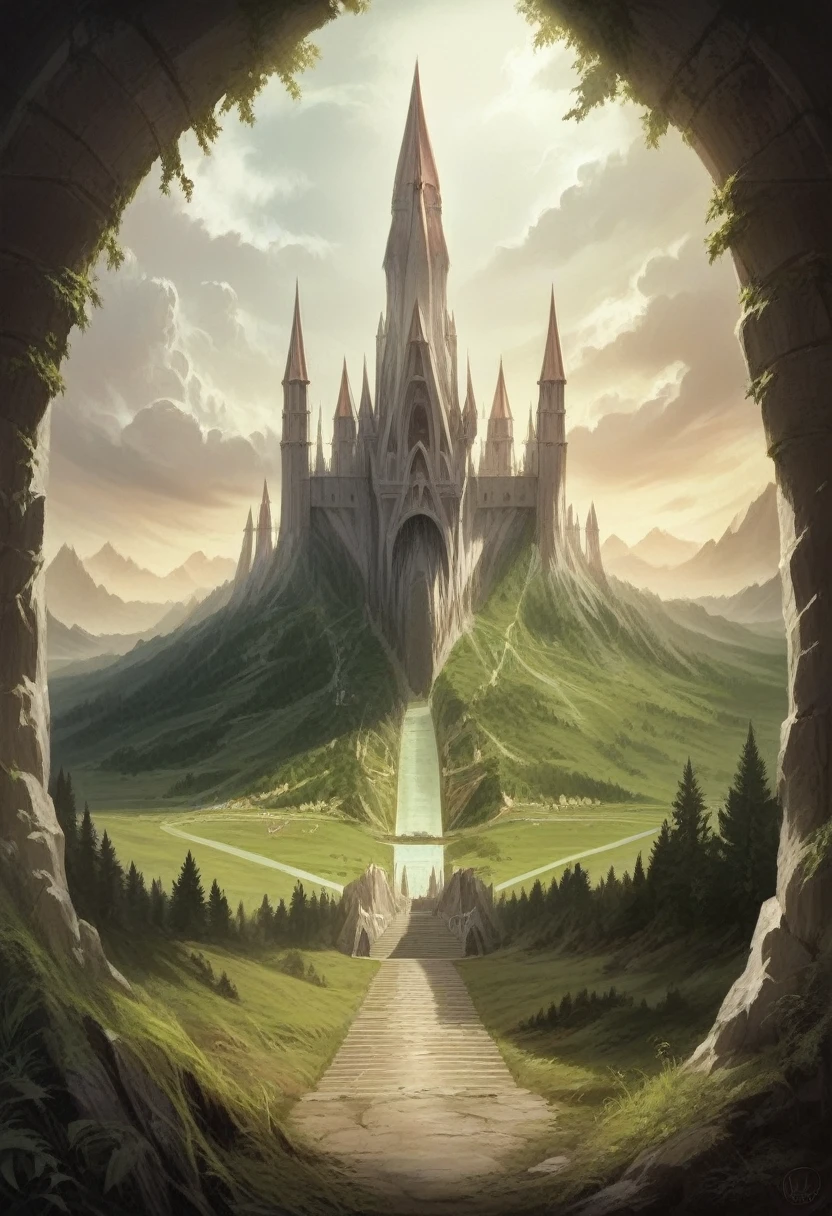 A stunning fantasy landscape, lush verdant rolling hills, towering mountains shrouded in mist, a serene lake reflecting the sky, old-growth forests, a magnificent castle on a hilltop, sunlight streaming through clouds, detailed foliage, intricate architecture, (best quality,8k,highres,masterpiece:1.2),ultra-detailed,(realistic,photorealistic,photo-realistic:1.37),fantasy landscape,dramatic lighting,vibrant colors,cinematic composition
