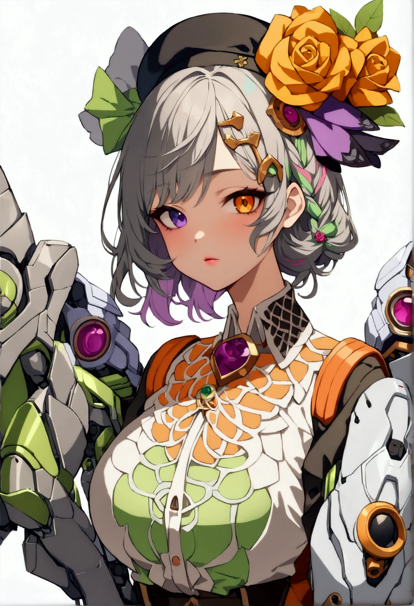 woman 160cm tall, slim build, , charming look, ((heterocromia: look like, right naranja y look like izquierdo violeta)), (Shoulder Length Wavy Gray Hair, a short braid on the left side of the hair, big open bangs, golden gear hairpin on the left side of the hair), (((complex mechanical legs up to the hip, The legs are black with gray parts with small pink details))), (((complex mechanical arms up to the elbows, The arms are black with gray parts with small pink details))), ((complex white mechanical angel wings with pastel green parts)), (elegant black French beret with an orange rose ribbon), (stylish white short sleeve button down shirt, dark brown shorts from the waist, elegant black belt, small rose brooch on shirt collar, beautiful mechanical stilettos), (((character design sheet: Front view))), White background, ((full body)), extremely detailed beautiful hair, beautiful detailed clothing, extremely detailed arms, extremely detailed face, (Extremely detailed hands), perfect hands, hermosos look likes detallados, beautiful detailed lips, adorable, extremely detailed legs, (Best Quality, 8k, ultra resolution), ultra detailed, Exquisite and epic character art, (Focus on symmetry), (extremely detailed wings), (body position: standing, right, symmetrical), looking at the viewer.
