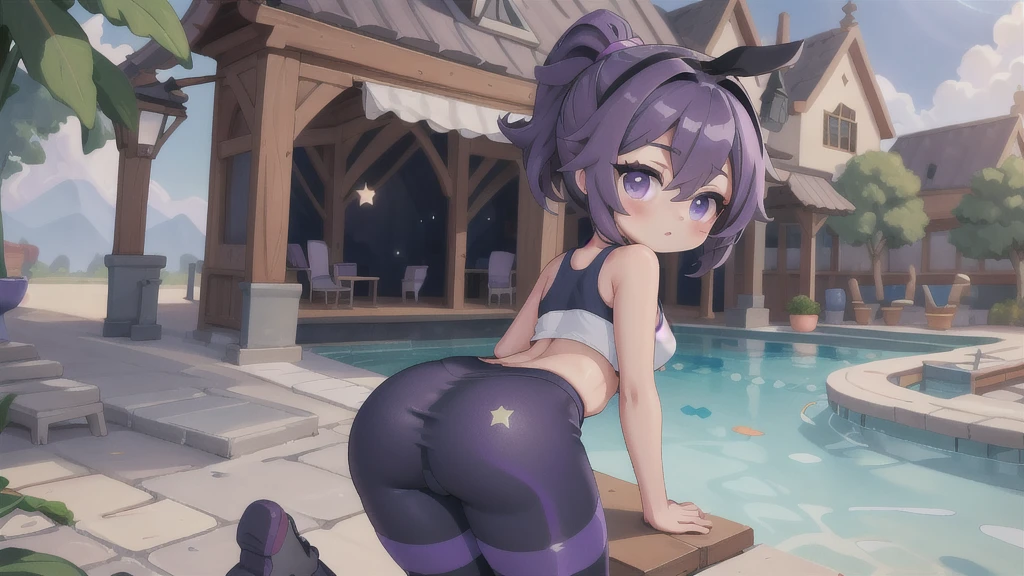 (masterpiece, best quality), high quality, absurdres, highres, ultra detailed, intricate, beautiful woman, 1girl, kafka \(honkai: star rail\), star-kafka, looking at viewer, from behind, looking back, ass, toned, sports bra, leggings, high-waist pants, yoga pants, ponytail, purple hair, purple eyes, sunglasses, hair between eyes, eyewear on head, outdoors,