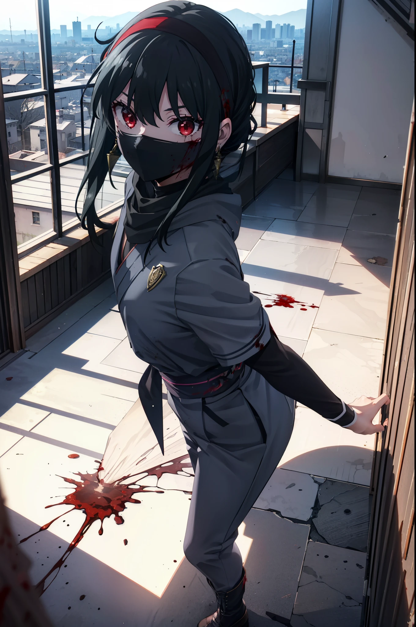Yorbraia, Yor Briar, Black Hair, (Red eyes:1.5), Earrings, gold hair band, hair band, Long Hair, Side Lock, (Medium chest:1.2), Shadowed face,Hooded,Cover your mouth with a black scarf,strict,black Ninja uniform,Ninja,black Ninja pants,short boots,Action pose,Overlooking the city from the roof of the building,moon,moon明かり,night,moon光,whole bodyがイラストに入るように,Psychopath horror、Bloody、blood droplets,murder scene, Serial killer, Covered in blood break looking at viewer, whole body, break outdoors ,Medieval European-style building, break (masterpiece:1.2), Highest quality, High resolution, unity 8k wallpaper, (shape:0.8), (Beautiful and beautiful eyes:1.6), Highly detailed face, Perfect lighting, Extremely detailed CG, (Perfect hands, Perfect Anatomy),