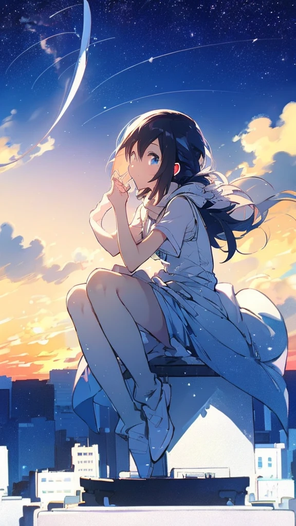 Seven-doppelganger shot,Anime style 4K,High quality anime art style,Standing painting,Splash ink background,Blue Themes、Pure white background,Buildings,Face close-up,Buildings,Moon and sun、Shining Star々,milky way,Facing forward,Clear eyes and nose,cute,beautiful,Thin legs,sitting by the water, black hair, Blue eyes, girl, bob, front, cute,Long Hair,Whale flying in the blue sky,Buildings,whale,Black Hair,future,sunset,Sunset,Background center
