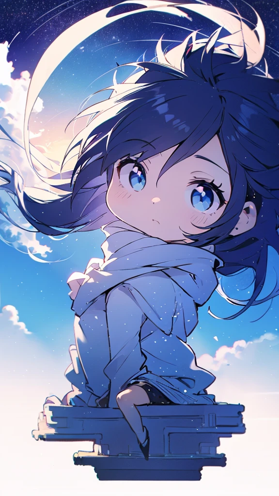Seven-doppelganger shot，Anime style 4K,High quality anime art style，Standing painting，Splash ink background，Blue Themes、Pure white background,Buildings,Face close-up,Buildings,Moon and sun、Shining Star々,milky way,Facing forward,Clear eyes and nose,cute,beautiful,Thin legs,sitting by the water, black hair, Blue eyes, girl, bob, front, cute,Long Hair,Whale flying in the blue sky,Buildings,whale,Black Hair,future,sunset,Sunset,Background center