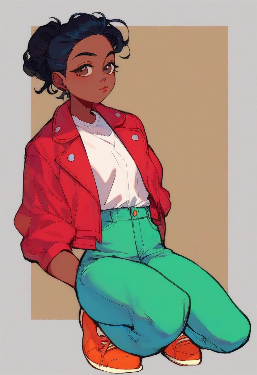 boukisha, 1girl, full body, dark skin, dark skinned female, black hair, brown eyes, red jacket, white shirt, underneath jacket, desaturated green pants, orange shoes