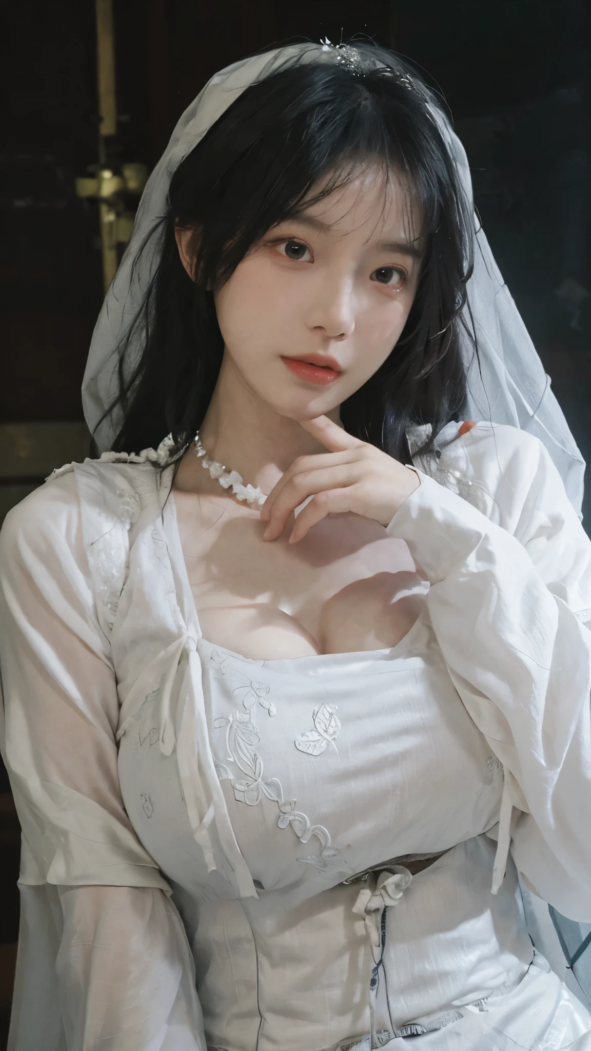Portrait photography,1 girl,veil,Wedding dress,齐地Wedding dress裙,Wedding dress背景,(whole body:1.4),Exposed breasts,(Big breasts:1.4),(Realistic and detailed eyes,Natural skin texture,Realistic facial details),