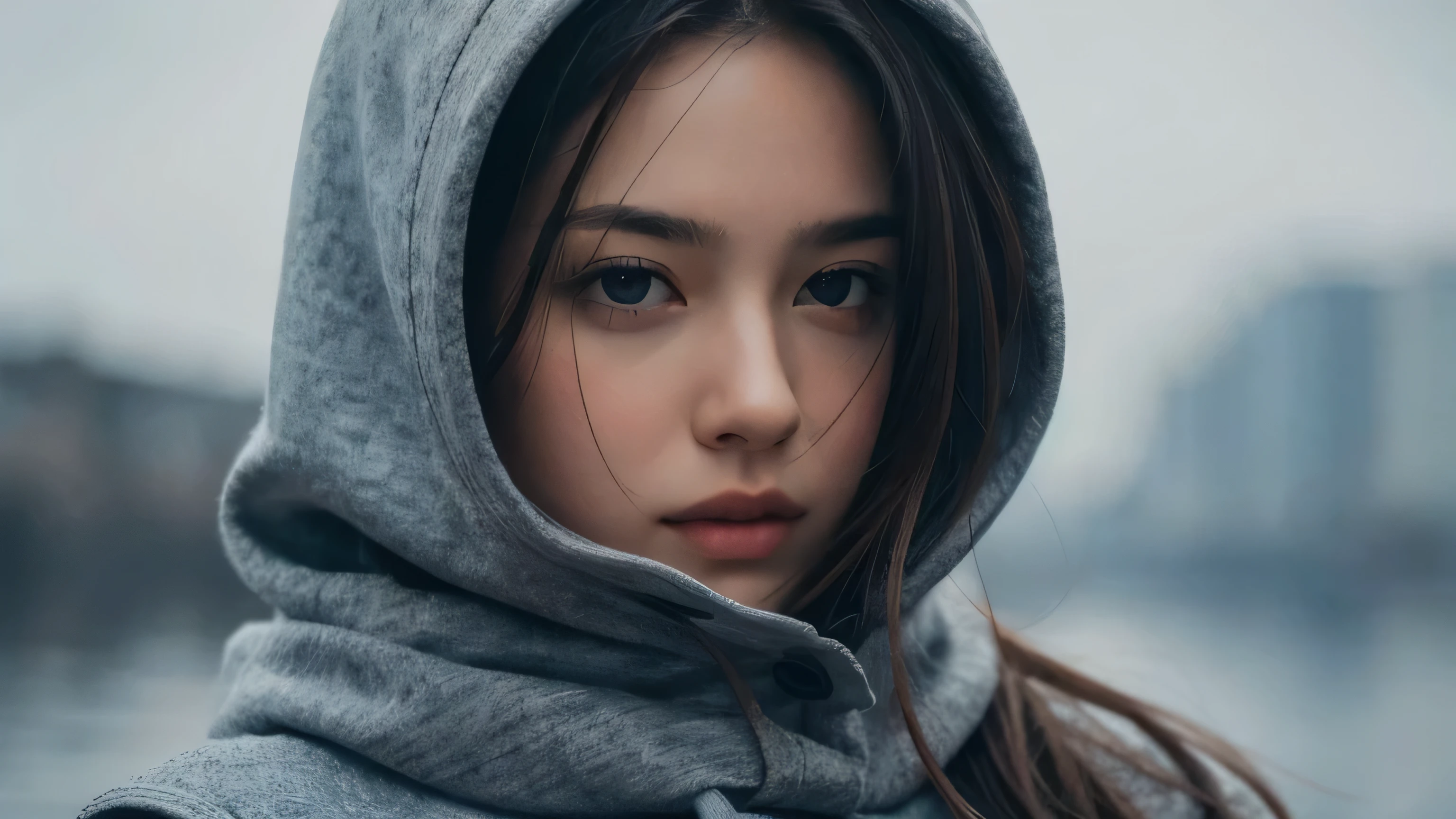 8k, Highest quality, masterpiece, Realistic, Super detailed, photo Realistic, Improvement of quality, Photo of a girl facing forward, Grey hood designer style, Open chest and glamorous　Large chunk, Photobash, Calm face, Jagged Edges, navy, Natural Beauty, Close-up shot