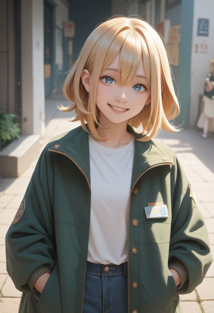 Ya Ott, 1 Girl, Solitary, Christa Lenz, Smile, Hair between the eyes, blue eyes, Blonde Hair, jacket, Medium Length Hair,