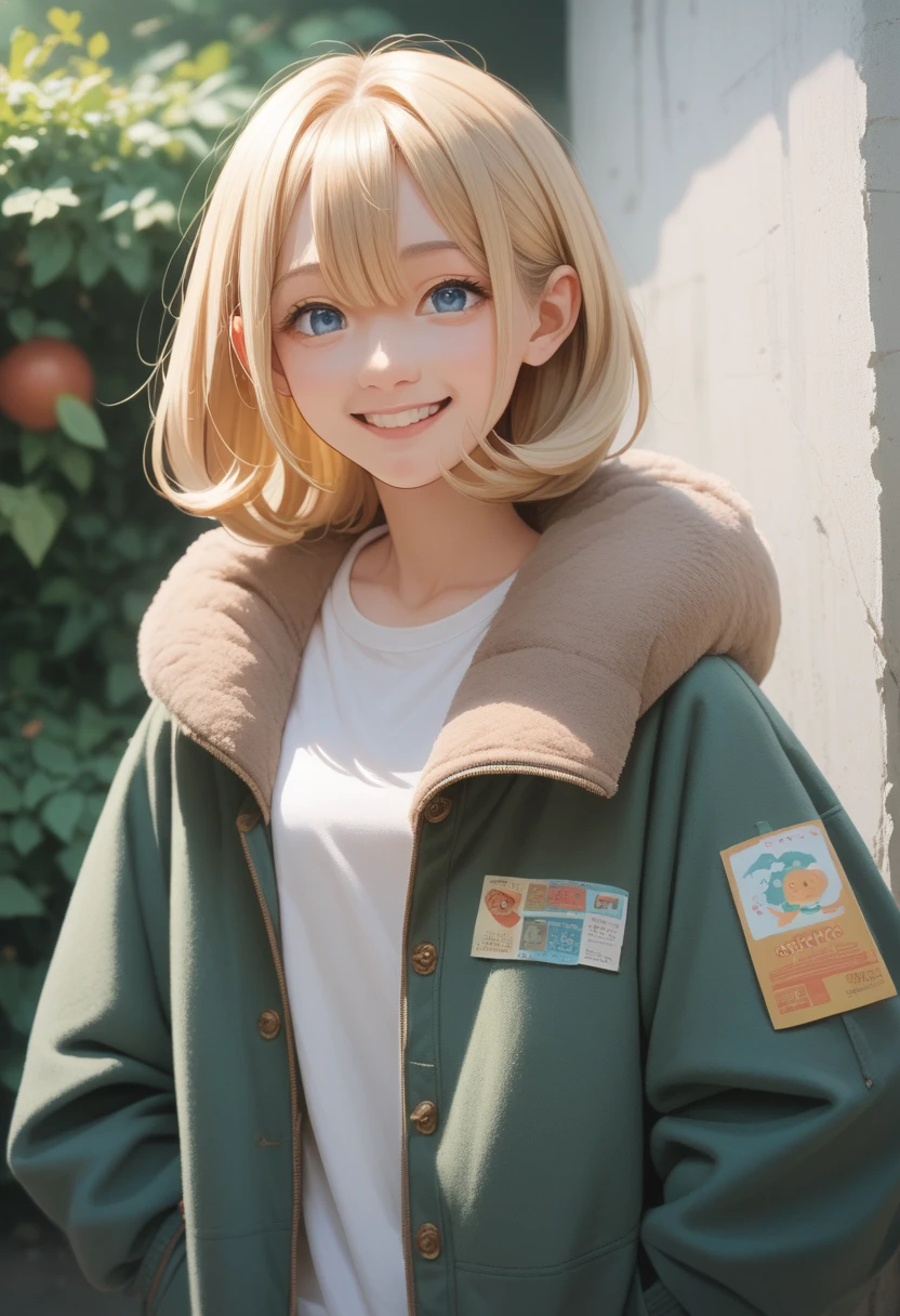 Ya Ott, 1 Girl, Solitary, Christa Lenz, Smile, Hair between the eyes, blue eyes, Blonde Hair, jacket, Medium Length Hair,