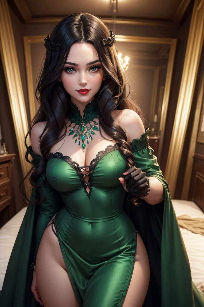 ((best quality)), ((masterpiece)), (detailed), ((normal anatomy)), beautiful eye detail, perfect face, high detail, charismatic, full body, cinematic lighting, defined body, super detail, high realism, back straight, front facing, princess face, a slim extremly beautiful woman with long black curly hair with a long fringe, perfect emerald green eyes, medieval english theme, large 4 post bed in background, coy seductive smile, flirty, full red lips, 25 year old