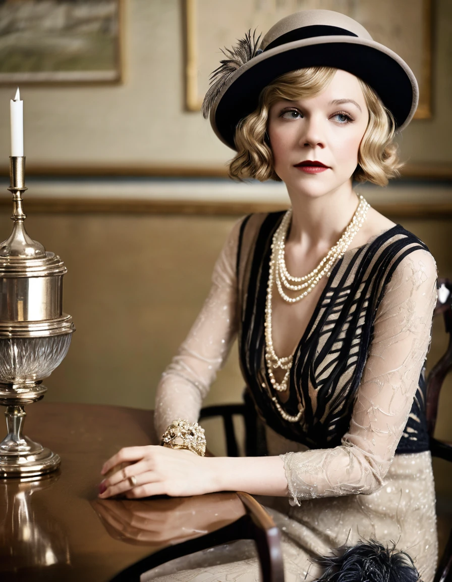 Woman wearing fashionable clothes sitting at table,Coffee on hand, The atmosphere of the 1920s, 1 9 2 0 s style, 1920s style, Roaring 20s, 1 9 2 0 s fabric style, Dressed in 1920s fashion, roaring twenties, Dystopian retro 1920s vibe, Art Deco era,(blond:1.34),Carey Mulligan(Carey Mulligan),wearing a fur coat,Pearl jewelry,Advanced custom lace clothing,perfect fingers,(bright, White skin:1.37),super clear, &Quote;Great Gatsby&Quote; stills,Luxurious Pearl and Diamond Ring,bracelet,crown,Dressed in 1920s fashion, long brown hair, 1 9 2 0 s style, 1 9 2 0 clothes, 1 9 2 0 s fabric style,Art Deco,