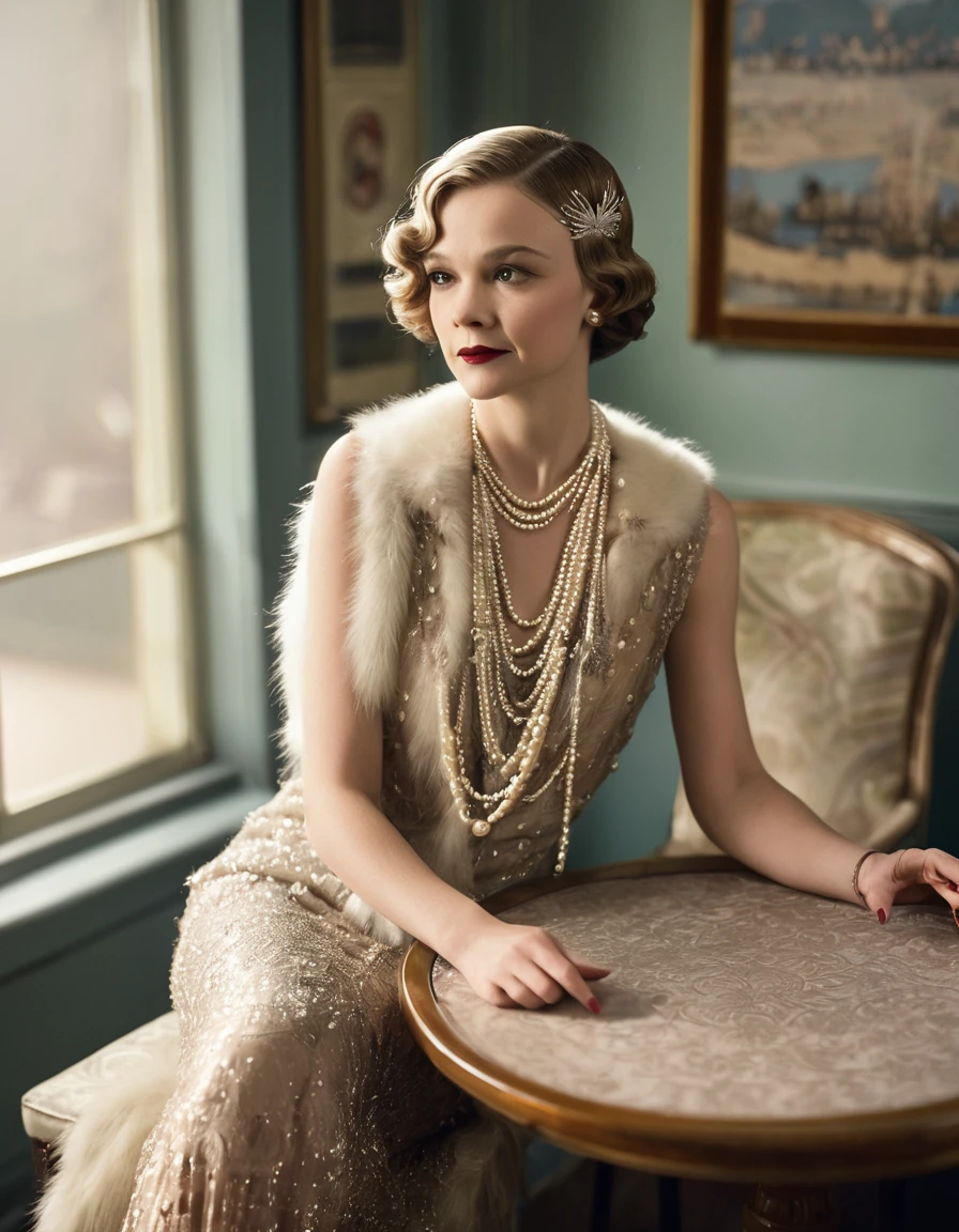 Woman wearing fashionable clothes sitting at table,Coffee on hand, The atmosphere of the 1920s, 1 9 2 0 s style, 1920s style, Roaring 20s, 1 9 2 0 s fabric style, Dressed in 1920s fashion, roaring twenties, Dystopian retro 1920s vibe, Art Deco era,(blond:1.34),Carey Mulligan(Carey Mulligan),wearing a fur coat,Pearl jewelry,Advanced custom lace clothing,perfect fingers,(bright, White skin:1.37),super clear, &Quote;Great Gatsby&Quote; stills,Luxurious Pearl and Diamond Ring,bracelet,crown,Dressed in 1920s fashion, long brown hair, 1 9 2 0 s style, 1 9 2 0 clothes, 1 9 2 0 s fabric style,Art Deco,