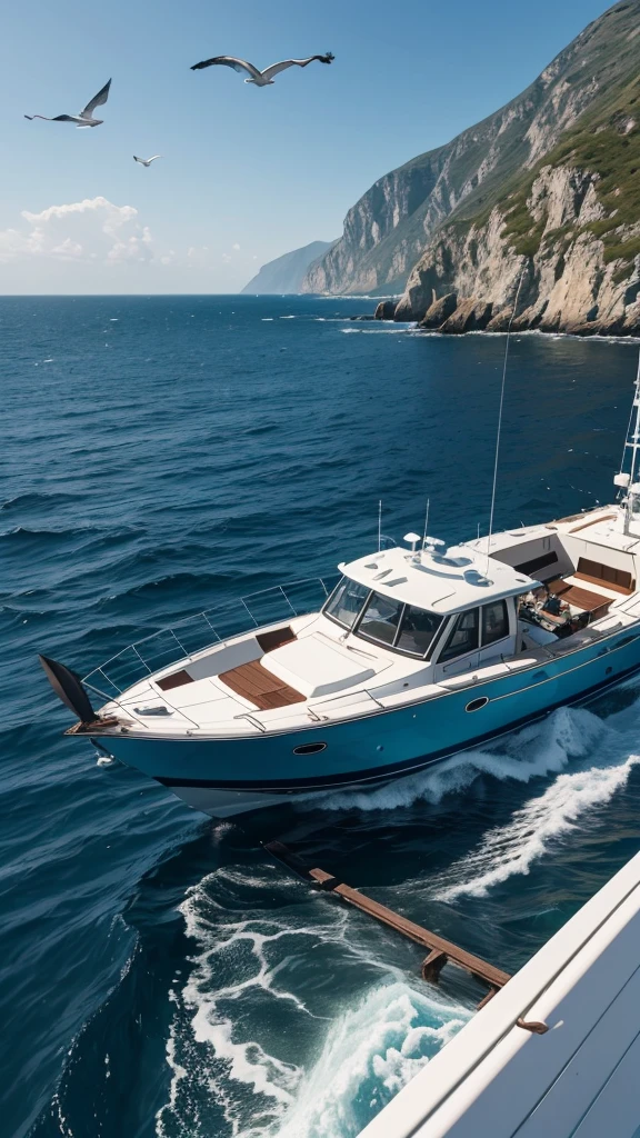 The image shows Mr. Arif’s boat floating in the blue sea, with calm waves and a few seagulls flying overhead. Mr. Arif is standing in his boat, pulling in his net. He is wearing a faded blue vest over his shirt, with his trousers rolled up to his knees.