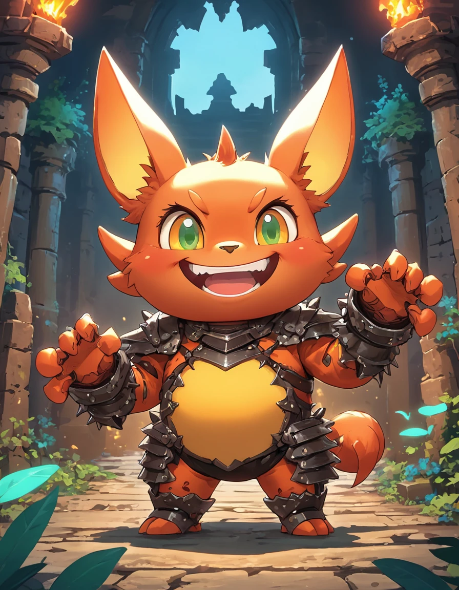 kawaii style big ferocious fantasy sleek rodent organism, grimacing evin grin, quadrumanual, four-fingered hands, short-tailed, luminescent skin, bat-like ears, crab like spiked armor, in an ancient dungeon, dim torch lighting, sharp focus, . cute, adorable, brightly colored, cheerful, anime influence, highly detailed,