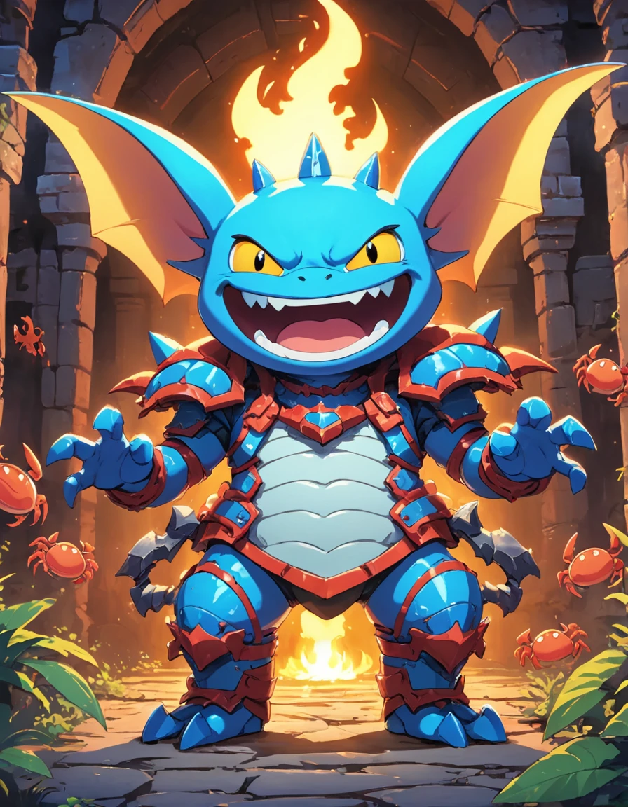 kawaii style big ferocious fantasy sleek rodent organism, grimacing evin grin, quadrumanual, four-fingered hands, short-tailed, luminescent skin, bat-like ears, crab like spiked armor, in an ancient dungeon, dim torch lighting, sharp focus, . cute, adorable, brightly colored, cheerful, anime influence, highly detailed,