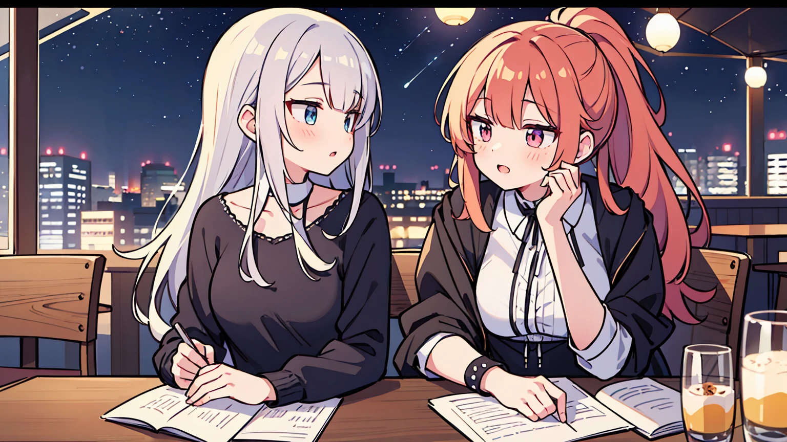 (masterpiece, best quality),Two women with different faces and hairstyles, different hair colors, different faces, ponytail, shot,letterboxed, perfection of fashion,chapped lips, casual attire, upper body, from the side,A cafe with a terrace overlooking the night sky with the Aurora,Teaching students to study at an old-fashioned table, eyes look at the note, together, stylish outfit,
