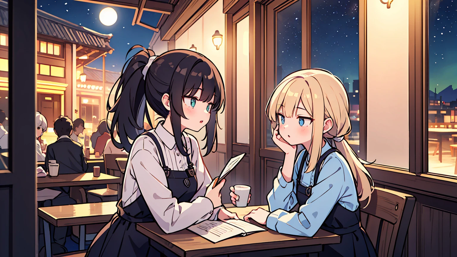 (masterpiece, best quality),Two women with different faces and hairstyles, different hair colors, different faces, ponytail, shot,letterboxed, perfection of fashion,chapped lips, casual attire, upper body, from the side,A cafe with a terrace overlooking the night sky with the Aurora,Teaching students to study at an old-fashioned table, eyes look at the note, together, stylish outfit,
