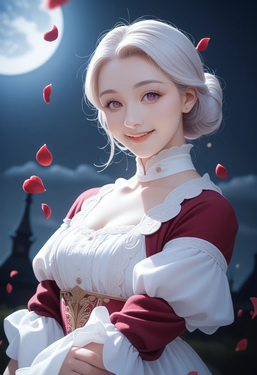 masterpiece, best quality, 1 Girl, (rich and colorful),(Beautiful eyes and delicate face),cinematic Lighting,Half-length photo,Extremely detailed CG unity 8k wallpaper,White hair,Solitary,Smile,Delicate skirt,((Flying petals)),(Flowering meadow) Sky, cloudy_Sky, architecture, moonLight, moon, night, (Dark theme:1.3), Light, fantasy,
