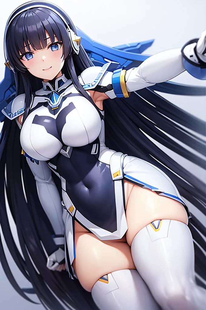 mecha wings、White and blue skirt、Accentuated thighs、White tights、chest、Beautiful black hair、1 girl、solo girl、Thick thighs、IS、Frame Arms Girl、Alice Gere Aegis、White Armor、income、headphone、hand on own chest、smile