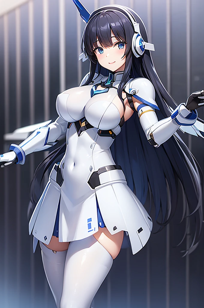 mecha wings、White and blue skirt、Accentuated thighs、White tights、chest、Beautiful black hair、1 girl、solo girl、Thick thighs、IS、Frame Arms Girl、Alice Gere Aegis、White Armor、income、headphone、hand on own chest、smile