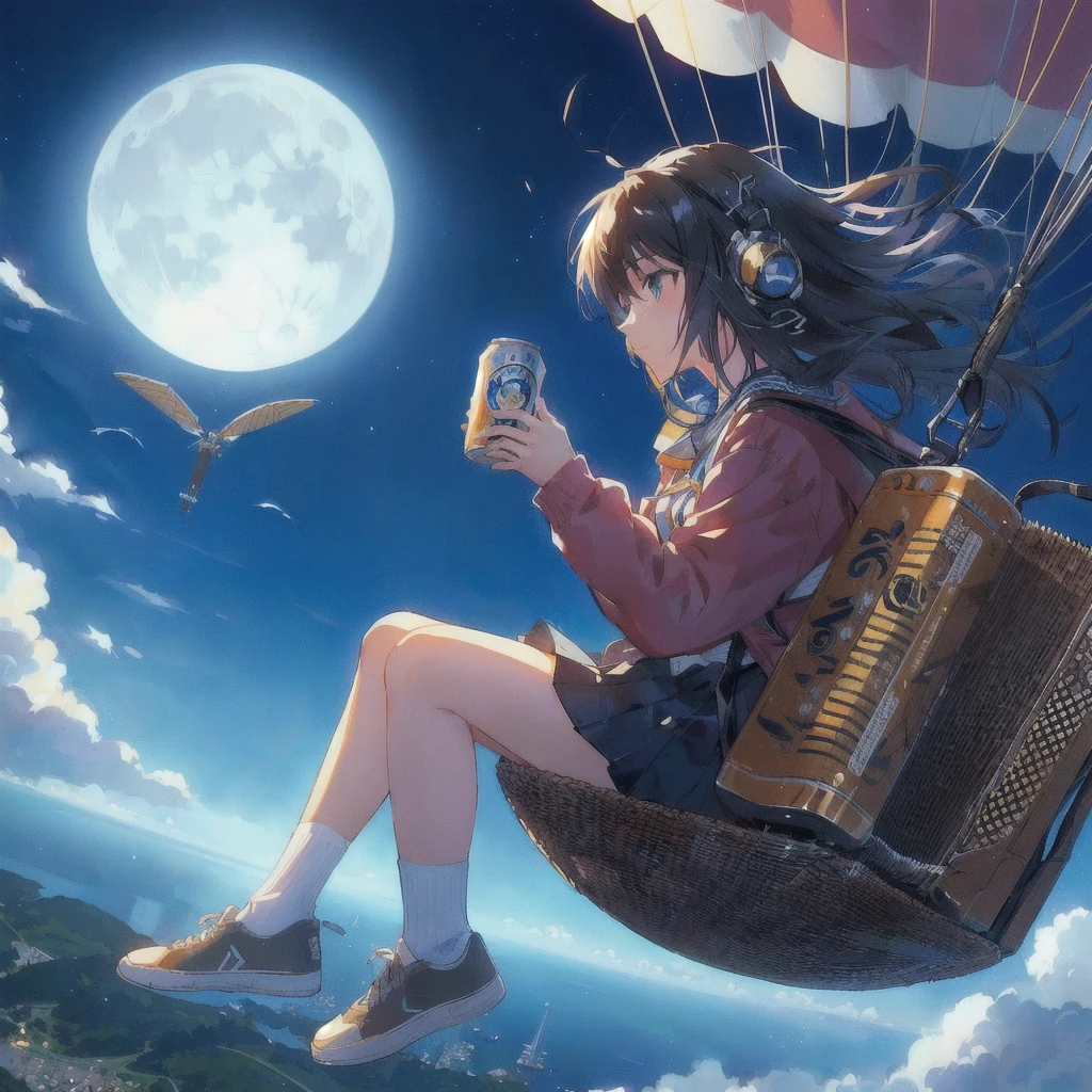 Anime girl flying on a paraglider with a backpack and a can of beer over the city and the sea, moon,4KAnime Wallpaper, Anime Wallpaper 4k, Anime Wallpaper4k, ( ( Makoto Shinkai ) ), hd Anime Wallpaper, Anime Wallpaper, Makoto Shinkai!, Makoto Shinkai!!, 80s anime style,Official artwork, makoto shinkai cyril rolando, 4K Manga Wallpapers, Anime Background