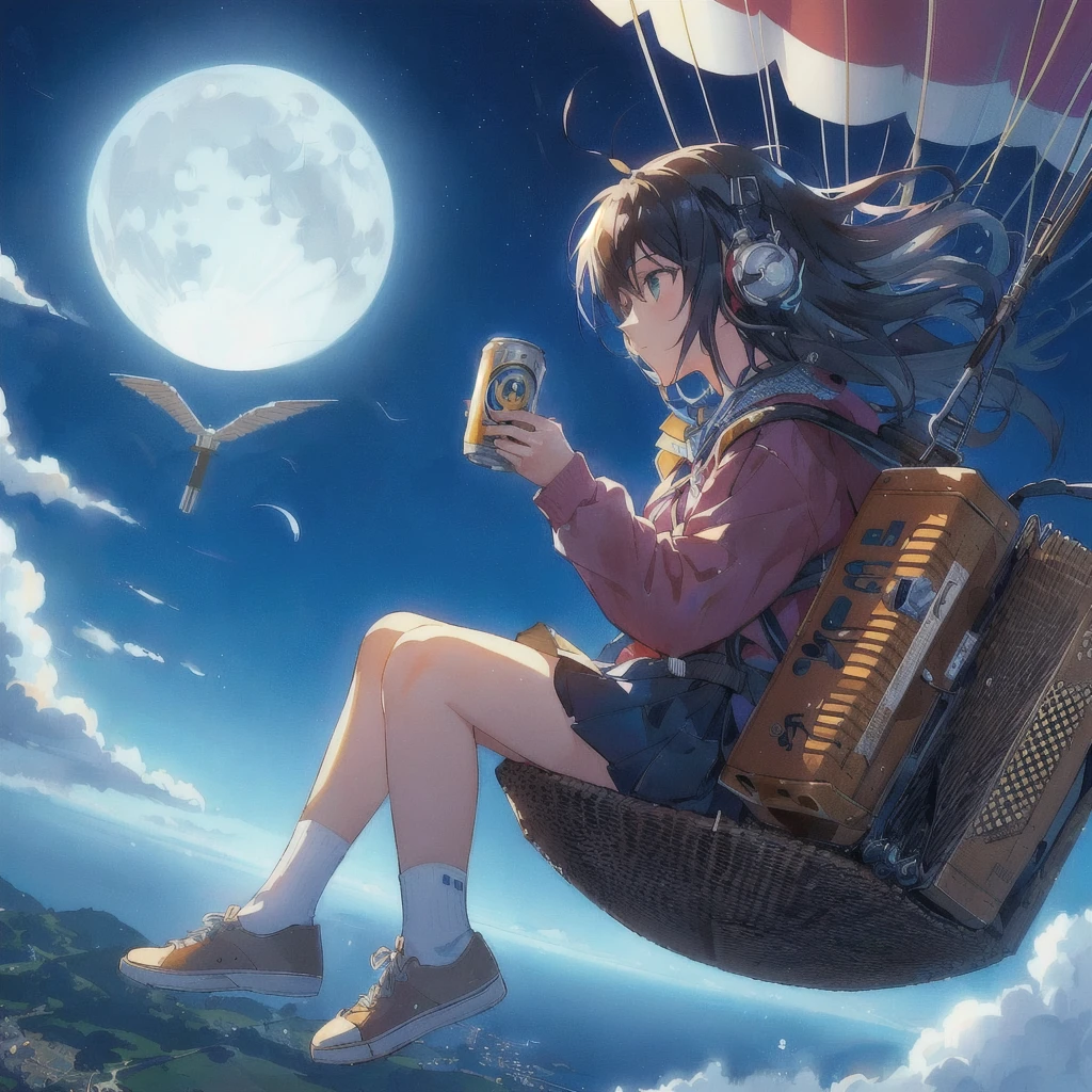 Anime girl flying on a paraglider with a backpack and a can of beer over the city and the sea, moon,4KAnime Wallpaper, Anime Wallpaper 4k, Anime Wallpaper4k, ( ( Makoto Shinkai ) ), hd Anime Wallpaper, Anime Wallpaper, Makoto Shinkai!, Makoto Shinkai!!, 80s anime style,Official artwork, makoto shinkai cyril rolando, 4K Manga Wallpapers, Anime Background