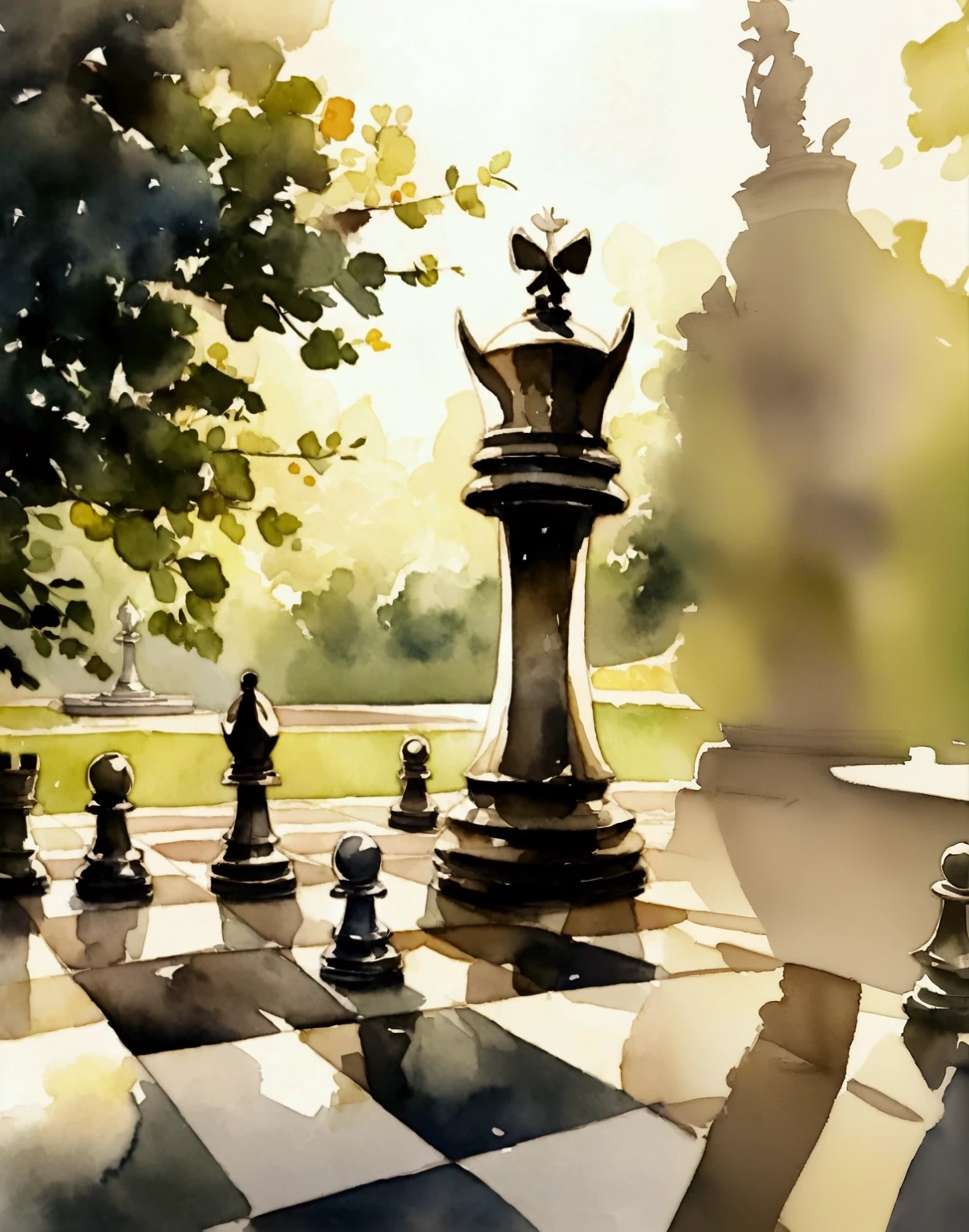 chess game in the palace park, watercolor,