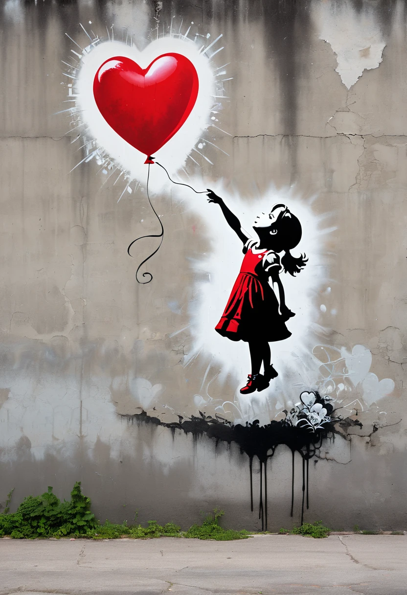 A graffiti-style image depicting a young girl in a dress reaching out for a red, heart-shaped balloon that is floating away. The background is a weathered concrete wall, and the overall tone is melancholic but hopeful, reminiscent of Banksy's iconic style.