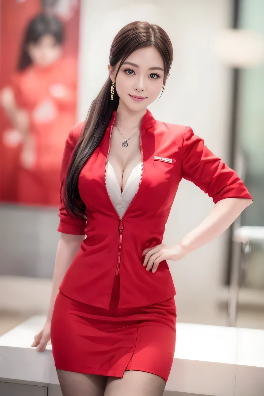 (masterpiece:1.2, Highest quality:1.2), 32k HDR, High resolution, (alone, 1 Girl), (AirAsia stewardess uniform realistic style), A proper woman, Beautiful Face, Brown Hair, (Long hair down to the legs), (Red jacket:1.1, Unzipped jacket, Unbuttoned white shirt:1.05, Red mini skirt:1.1, pantyhose),(Showing big through cleavage in unbuttoned white shirt)、(long hair that reaches down to the legs)、Perfect slim body:1.1, Huge breasts, huge breasts cleavage, Detailed skin texture, Beautiful Eyes, (Attractive look:1.2), necklace、Earrings、(forward leaning posture:1.5), On the roof of a building, Rooftop at daytime,Blue eyes、Hands should be lowered