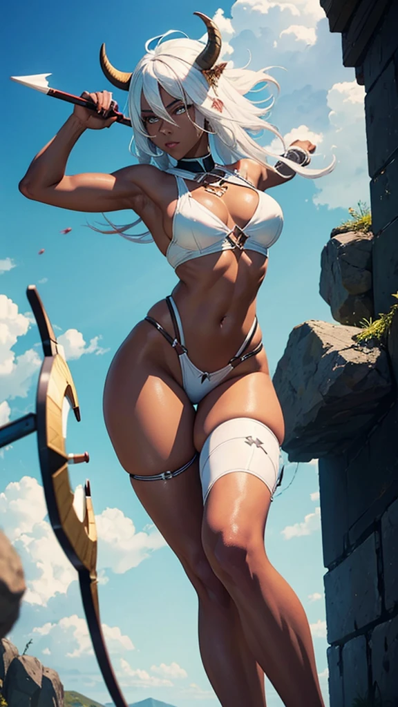 Woman with dark skin and white hair Minotaur body shooting arrows