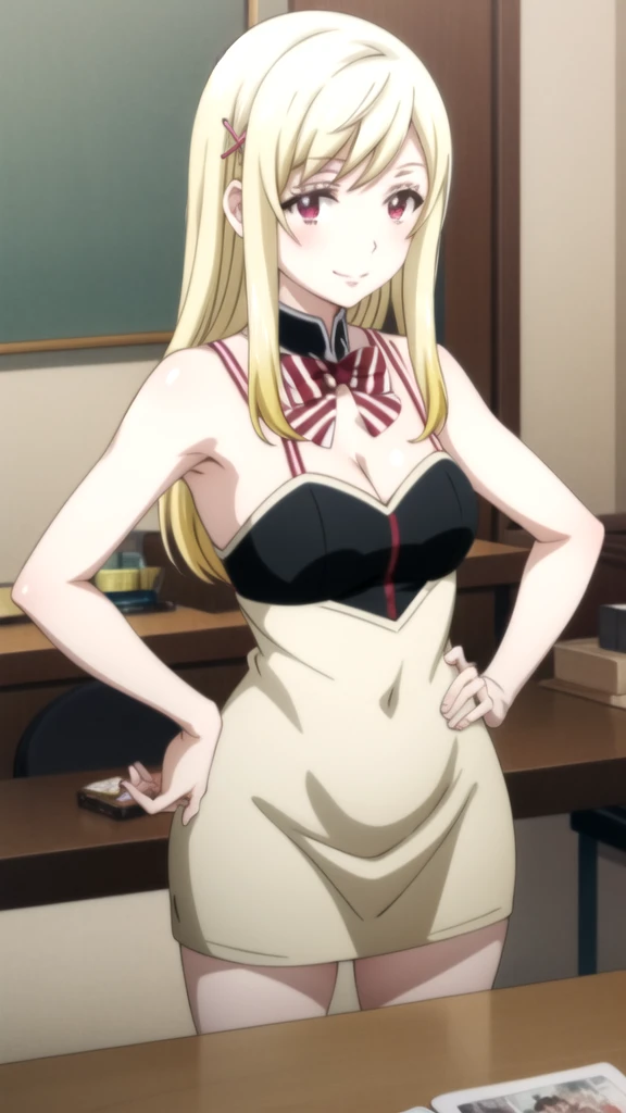 Anime image of a woman sitting at a table with her hands on her hips., anime girl, beautiful anime girl, Ecchi anime style, ecchi style, ecchi, on pixiv, two tails, (SFW) Insurance for work, anime girl seductora, mejor valorados on pixiv , Kantai Collection Style, shirobako Yamada mocking smile_yellow, 1chica , by rubio, alone, wide, hair ornament, , smile, bow, red eyes my dress darling anime, beautiful seductress anime anime