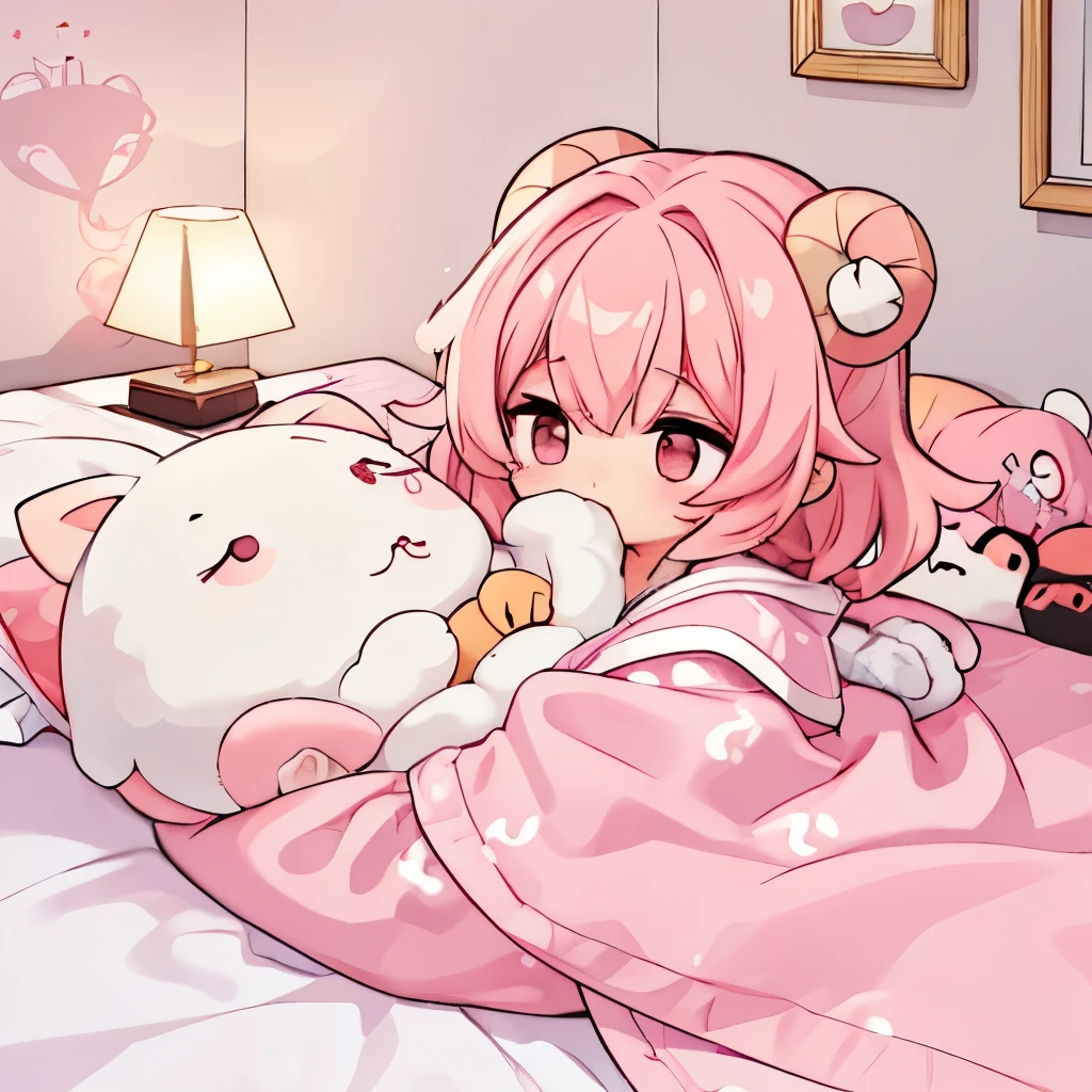 An anime-style illustration of ‘Fua-chan’ drifting off to sleep. Fua-chan has distinctive features: long pink hair styled in soft curls resembling sheep’s horns, and pink eyes. She is depicted lying comfortably in bed, wrapped in cozy blankets with her eyes gently closing and a peaceful expression on her face. She is wearing cute pajamas. The background shows a softly lit bedroom with warm lighting, a nightstand with a lamp, and a few personal decorations, creating a serene and calming atmosphere as Fua-chan drifts off to sleep.