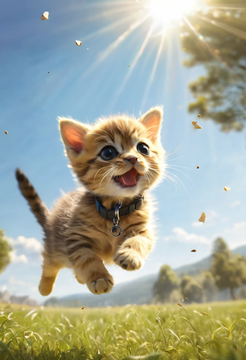  Un gatito cachorro volador surcando los aires en una pradera, Conceptual art, vista de lado depth of field, lens flare, best quality, super detail, highres, HD, 4K, 8k