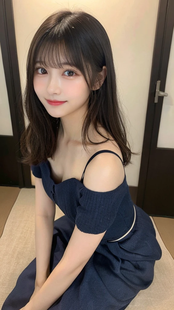 （最high quality：1.3）、Dress neatly、Sitting angle、（Real：1.5）、（1 person：1.5）、Very detailed、high quality、High resolution、8K Wallpaper、Perfect dynamic composition、Natural color lips、Cute Smile、Japanese women、-yeld giBeautiful and exquisiteな顔、Perfect and beautiful face、Beautiful and exquisite、Big eyes、Brunette's eyes、Beautiful and exquisiteな顔、Perfect and beautiful double eyelids、Natural Bangs、Beautiful and thin nose、Beautiful Skin、Black natural hair、Long Hair、Natural Bangs、Perfect and beautiful face、Slim face and figure、（looking at the camera）、Bright lighting、Professional Lighting、Shoulder-length layers、Asymmetrical bangs、Japanese Idols、Sophisticated、Mid-chest、Waist-down angle