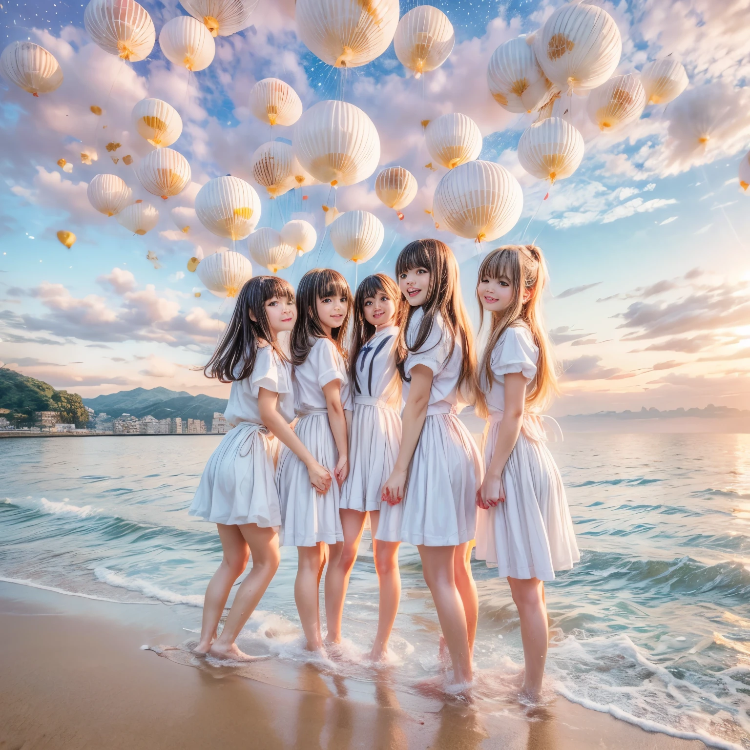  Masterpiece of (ProfessionalPhoto:1.37) ((ExtremelyDetailed (5 PICHIPICHI KAWAII Girls Floating in The Air in a row:1.37) in WHITE at Dusk Enoshima Beach)), {(Standing Full Body:1.2)|(from below:1.2)|Detailed KAWAII face}, Different types of hair colors, {(skinny(school swimwear))|(SchoolUniform)with Tiny AthleticShorts}, {(Corrected Childish hand)|Hidden hand|Different types of breasts|(Clearly Visible the shape of Butt)}, Joyful Expressions LifeLike Rendering, Detailed clothing texture, PerfectLighting, (Dazzling Horizon Visible through ThighGap), (Starry IridescentParticles:1.22) ColorfulClouds . Whole Body proportions and all limbs are anatomically accurate