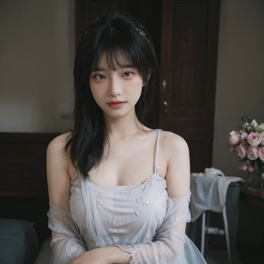 Portrait photography,1 girl,veil,Wedding dress,齐地Wedding dress裙,Wedding dress背景,(whole body:1.4),Exposed breasts,(Big breasts:1.4),(Realistic and detailed eyes,Natural skin texture,Realistic facial details),
