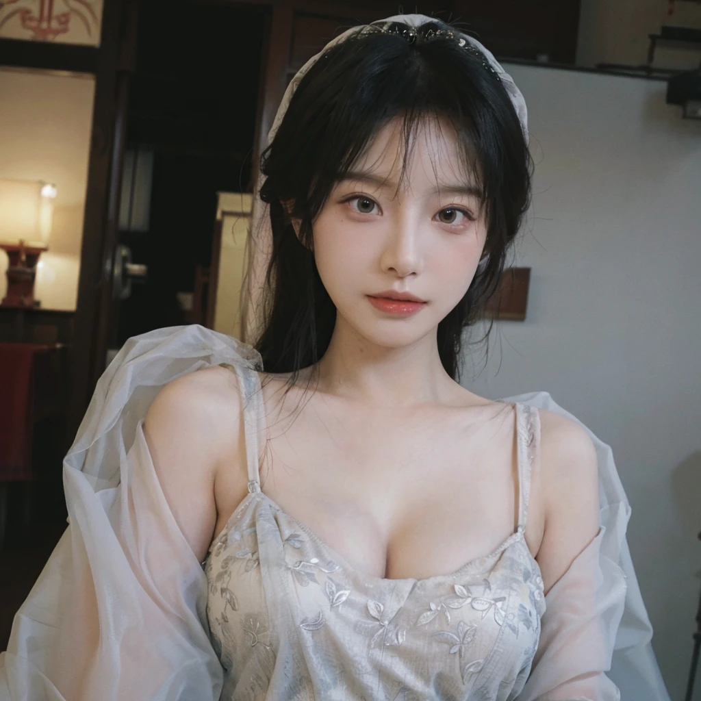 Portrait photography,1 girl,veil,Wedding dress,齐地Wedding dress裙,Wedding dress背景,(whole body:1.4),Exposed breasts,(Big breasts:1.4),(Realistic and detailed eyes,Natural skin texture,Realistic facial details),
