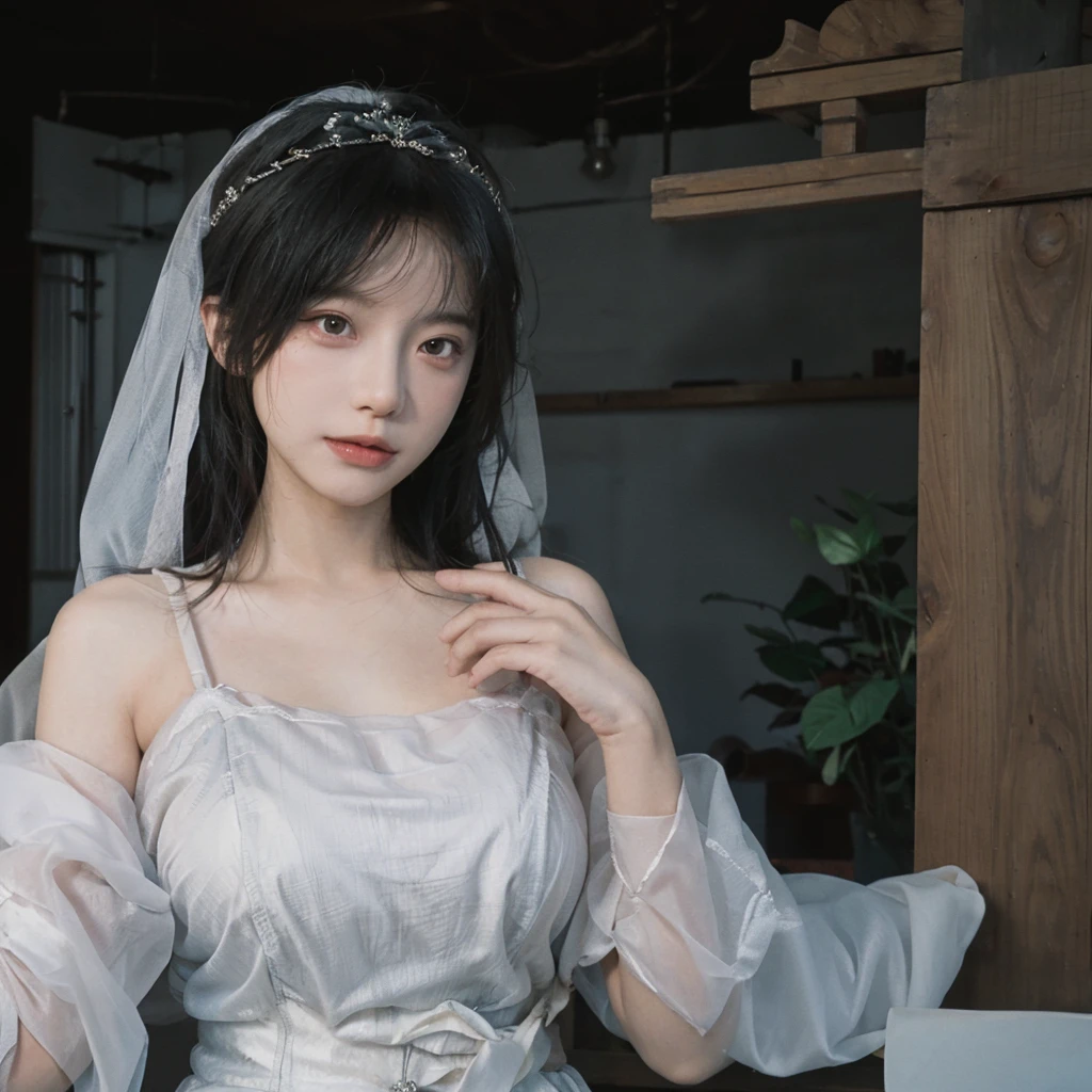 Portrait photography，1 girl，veil，Wedding dress，齐地Wedding dress裙，Wedding dress背景，（whole body：1.4），Exposed breasts，(Big breasts:1.4)，(Realistic and detailed eyes，Natural skin texture，Realistic facial details)，