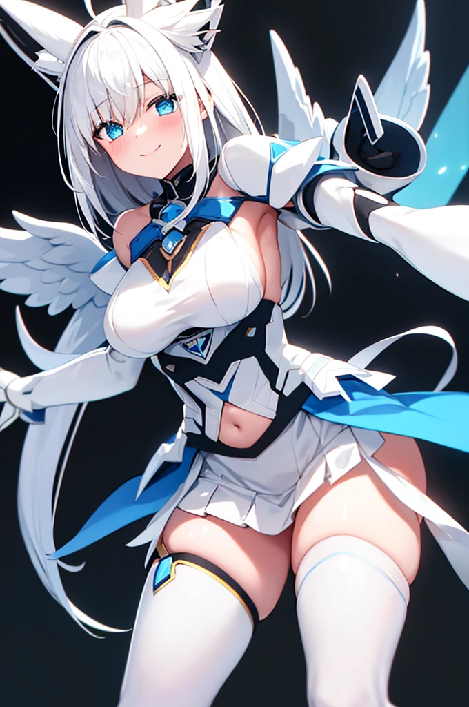 mecha wings、White and blue skirt、Accentuated thighs、White tights、chest、Beautiful white hair、1 girl、solo girl、Thick thighs、IS、Frame Arms Girl、Alice Gere Aegis、White Armor、income、headphone、hand on own chest、smile