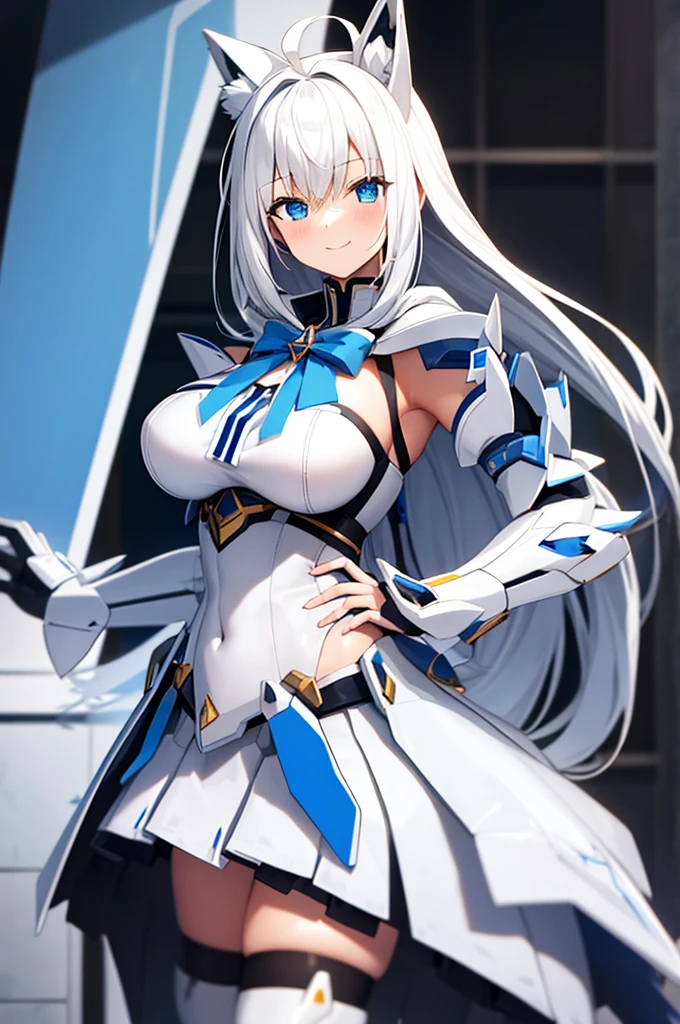 mecha wings、White and blue skirt、Accentuated thighs、White tights、chest、Beautiful white hair、1 girl、solo girl、Thick thighs、IS、Frame Arms Girl、Alice Gere Aegis、White Armor、income、headphone、hand on own chest、smile