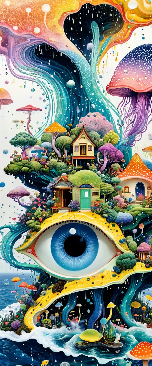Strong visual fusion of multiple elements，Broto，来自Star的艺术家，house：1.37、Eye、Star、cloud、Spore powder、Ocean、Ocean葵、rain、Tentacles，Describing the inner world of autistic people，密集Pointillism method。Smooth lines。interesting，Strange illustration。Pointillism method。Strong contrast。Award-winning works。