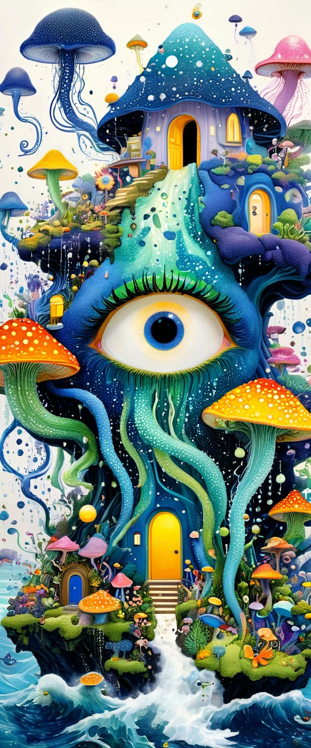 Strong visual fusion of multiple elements,Broto,来自Star的艺术家,house:1.37、Eye、Star、cloud、Spore powder、Tentacles,Describing the inner world of autistic people,密集Pointillism method。Smooth lines。Strange illustration。Pointillism method。Trypophobia。Strong contrast。Award-winning works。