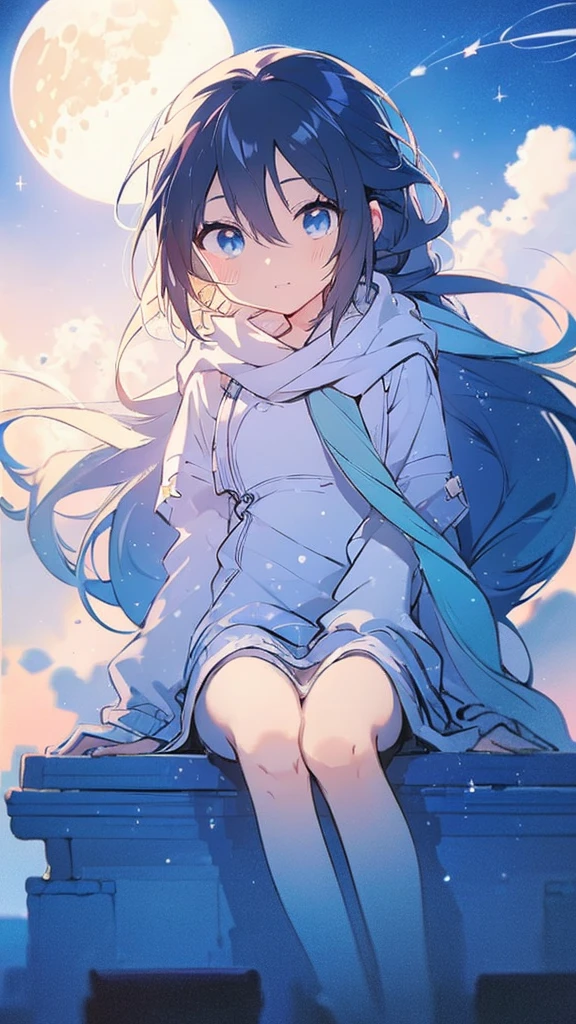 Seven-doppelganger shot,Anime style 4K,High quality anime art style,Standing painting,Splash ink background,Blue Themes、Pure white background,Buildings,Face close-up,Buildings,Moon and sun、Shining Star々,milky way,Facing forward,Clear eyes and nose,cute,beautiful,Thin legs,sitting by the water, black hair, Blue eyes, girl, bob, front, cute,Long Hair,Whale flying in the blue sky,Buildings,whale,Black Hair,future,sunset,Sunset,Background center