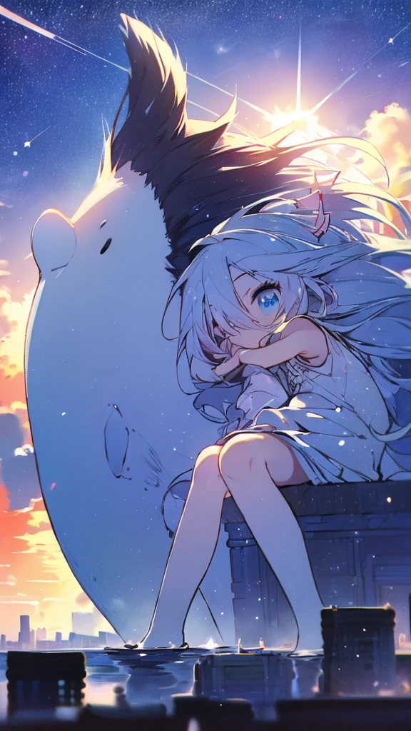 Seven-doppelganger shot,Anime style 4K,High quality anime art style,Standing painting,Splash ink background,Blue Themes、Pure white background,Buildings,Face close-up,Buildings,Moon and sun、Shining Star々,milky way,Facing forward,Clear eyes and nose,cute,beautiful,Thin legs,sitting by the water, black hair, Blue eyes, girl, bob, front, cute,Long Hair,Whale flying in the blue sky,Buildings,whale,Black Hair,future,sunset,Sunset,Background center