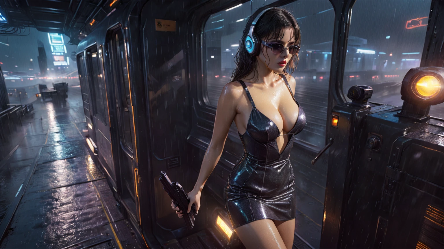 (((aerial view))), Blade Runner style futuristic railway platform, hi-tech train, neon lights, rainy night. (1girl, solo, alone), large-breast:1.2 slim body, cleavage:1.1, sexy wind blowing wet dress:1.4, headphone, (black sunglasses), (((she raised a pistol:1.8 and shot:1.8 the viewer))), dynamic pose, (((half-body thigh level medium shot))), cinematic lighting, lens flare, ray tracing, blurred:1.4 background.