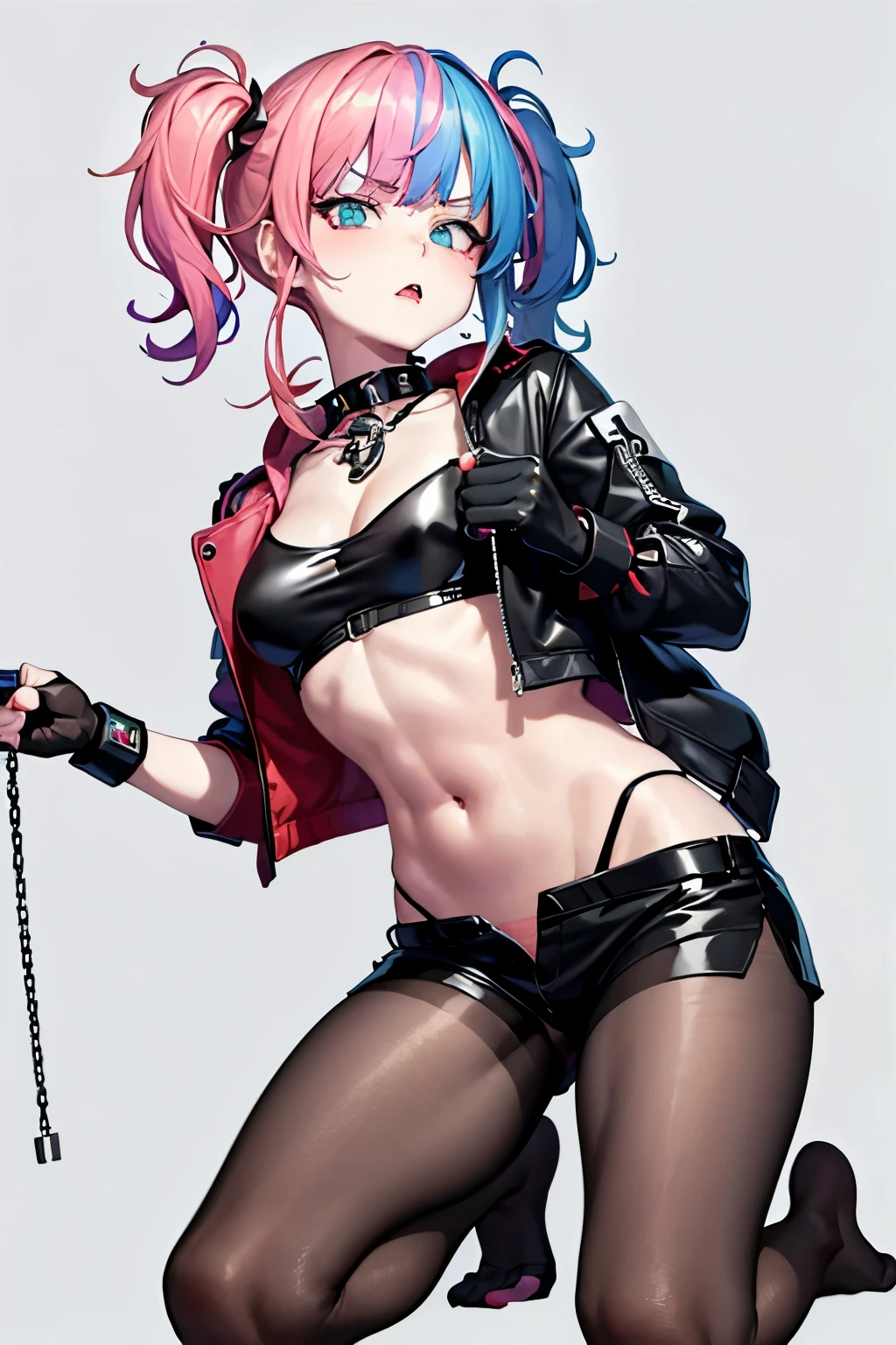 (Highest quality:1.1), (masterpiece:1.4), (Absurd:1.0), 
One Girl, gloves, navel, cleavage, jewelry, jacket, open clothes, shorts, black gloves, midriff, fingerless gloves, collar, bracelet, open jacket, black jacket, crop top, torn clothes, short shorts, tattoo, chain, spikes, cropped jacket, spiked bracelet, spiked collar, micro shorts, multicolored jacket, Medium chest、Looking at the audience、Bedroom、(blush:1.2)、Embarrassed expression、((pantyhose))、sit、(Kneeling)、