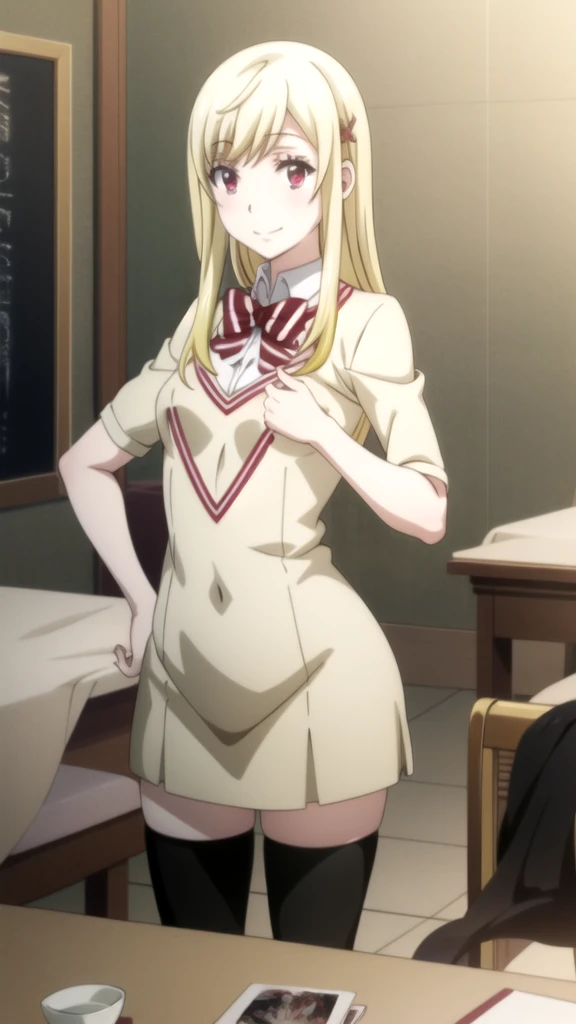 Anime image of a woman sitting at a table with her hands on her hips., anime girl, beautiful anime girl, Ecchi anime style, ecchi style, ecchi, on pixiv, two tails, (SFW) Insurance for work, anime girl seductora, mejor valorados on pixiv , Kantai Collection Style, shirobako Yamada mocking smile_yellow, 1chica , by rubio, alone, wide, hair ornament, , smile, bow, red eyes my dress darling anime, beautiful seductress anime anime