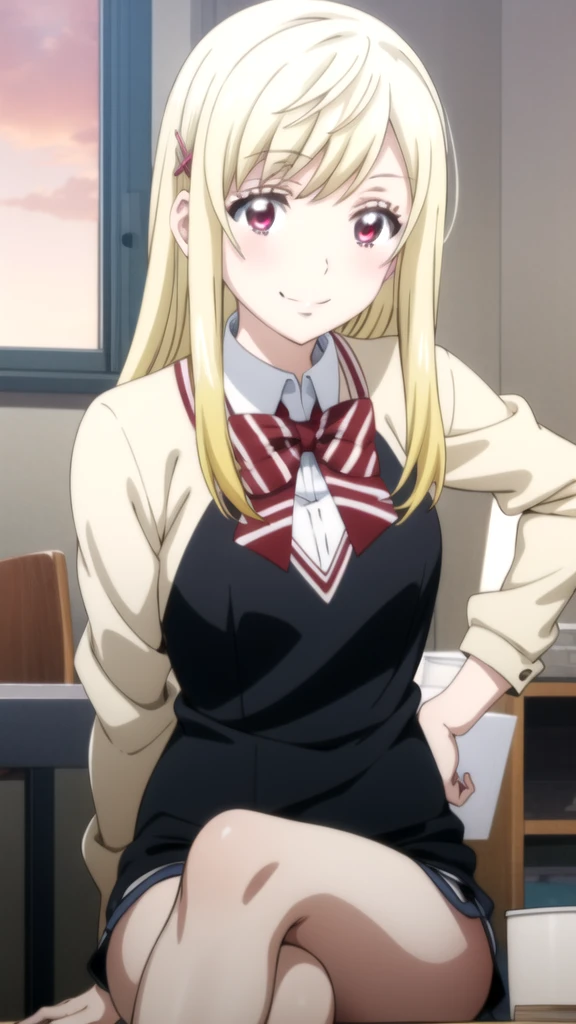 Anime image of a woman sitting at a table with her hands on her hips., anime girl,  beautiful anime girl, Ecchi anime style, ecchi style, ecchi, on pixiv, two tails, (SFW) Insurance for work, anime girl seductora, mejor valorados on pixiv , Kantai Collection Style, shirobako Yamada mocking smile_yellow, 1chica , by rubio, alone, wide, hair ornament, , smile, bow, red eyes my dress darling anime, beautiful seductress anime anime