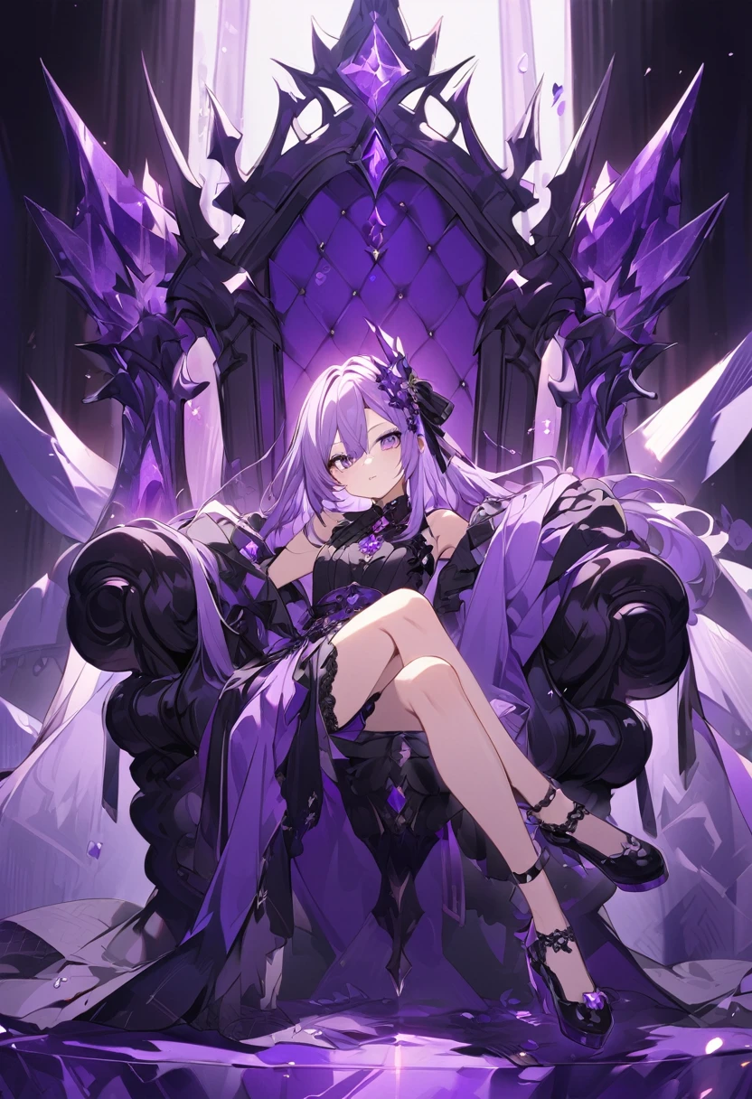 Keito。Purple Eyes。Light purple hair。Black shoes。Amethyst hair accessory。Purple Throne