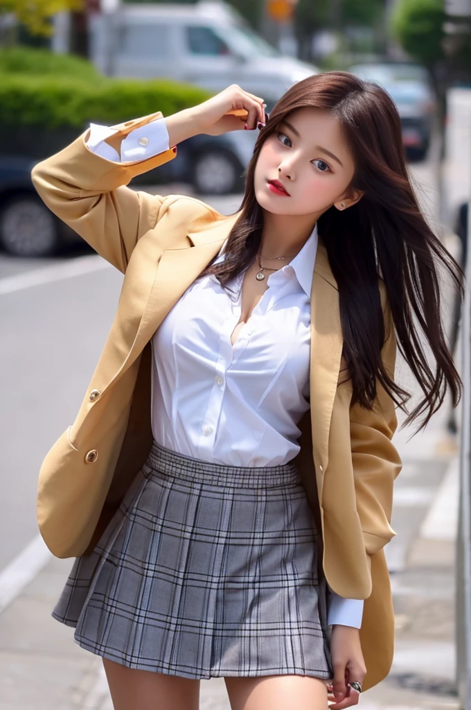 a 19 year old girl, she is the most beautiful actress in the world, the perfect body proportions of this girl, the blazer is appropriately buttoned up on the formal shirt above the short skirt, indirect bulge of her clothed large breasts, detailed genitalia of her lower body, the vagina inside the labia between the opened legs of this girl who is sitting on the bench, her anus below her vagina between her opened legs, it's just the front of her body, it's just one description, her feet of her opened legs are both apart, at the street, nsfw, best quality, highly detailed, masterpiece, ultra high res, photo realistic, 8k, RAW photo